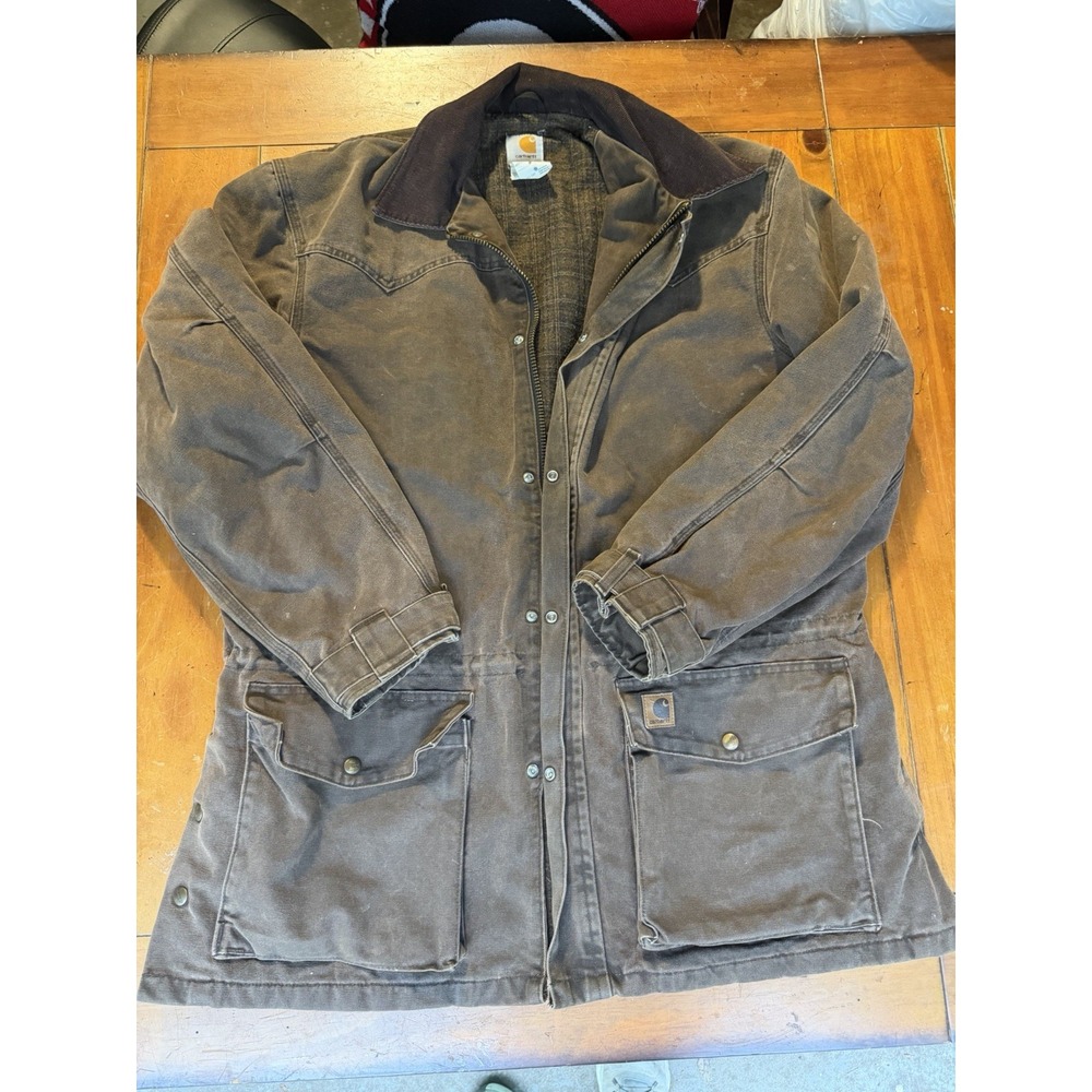 Carhartt Brown Work Jacket Lined Spread Collar Zipper Button Pockets Men's XL